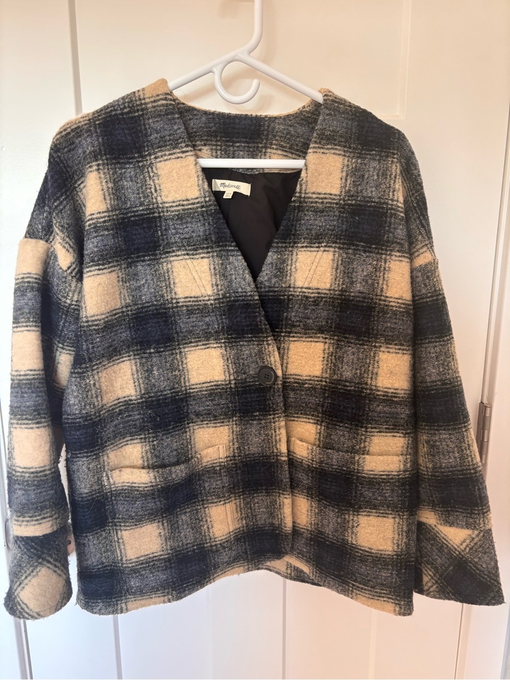 Madewell Navy and Cream Plaid Single-Button Jacket
